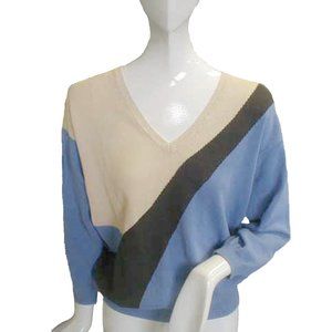 NEW J Crew Womens Sweater! Blue Gray Tan Design  3/4 Sleeve  Lightweight Cotton